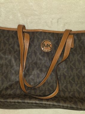 Michael Kors Brown MK Signature Tote with Tan Trim